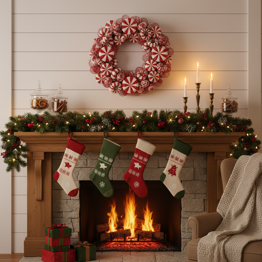 Red and white peppermint wreath displayed above holiday mantel