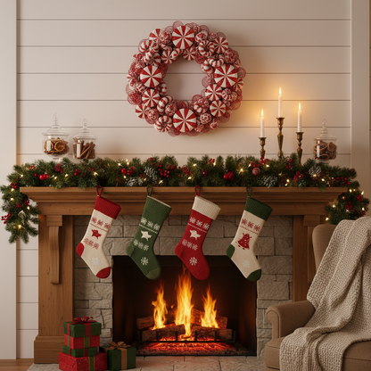 Red and white peppermint wreath displayed above holiday mantel
