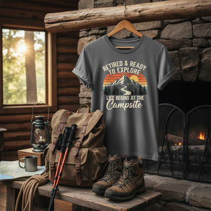 Retirement hiking t-shirt on hanger with hiking backpack and outdoor gear