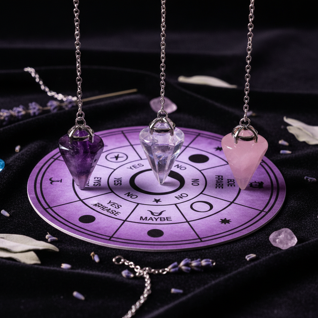 Pendulum divination set with crystal pendulums and dowsing chart