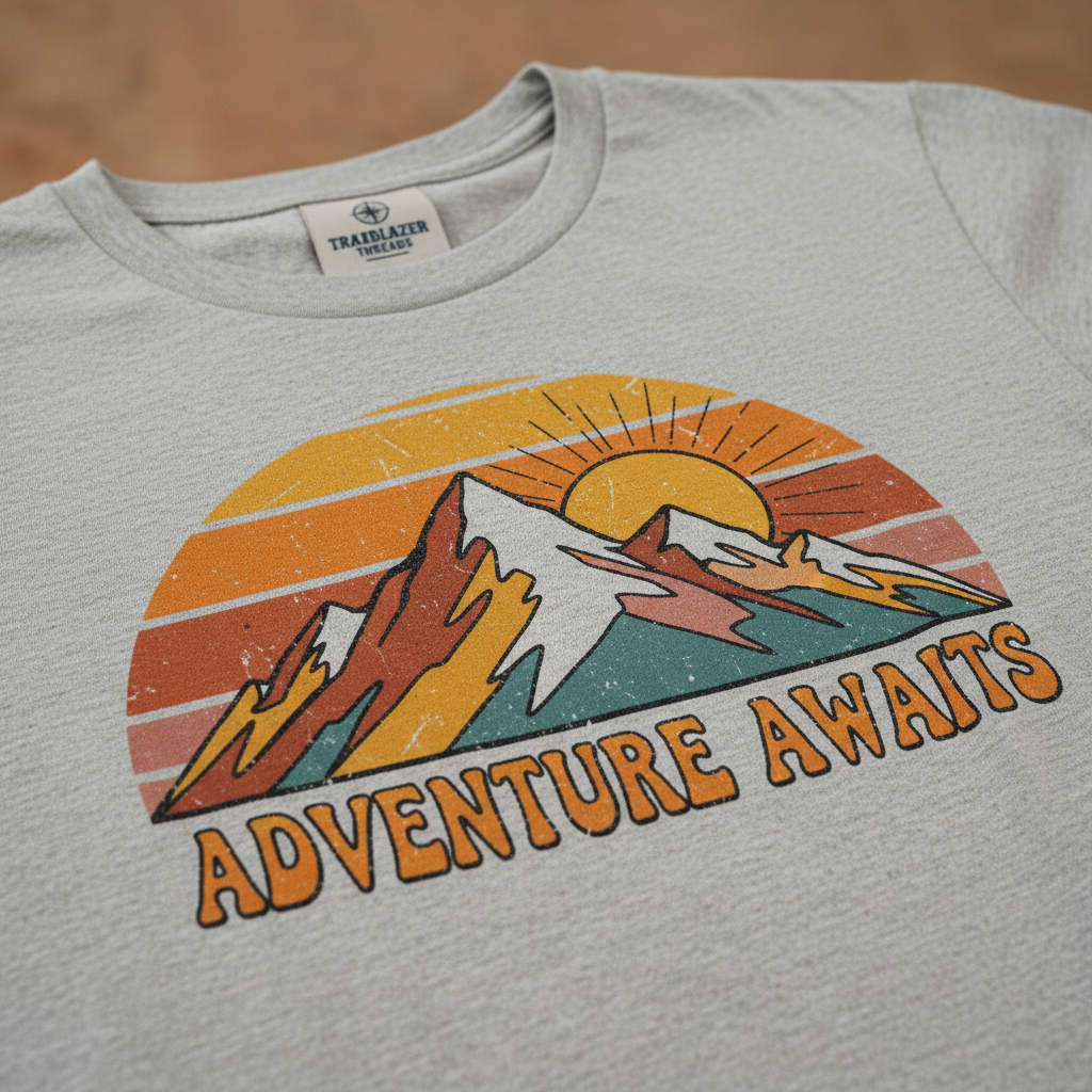Close-up of retro adventure t-shirt showing vintage sunset colors and mountain design
