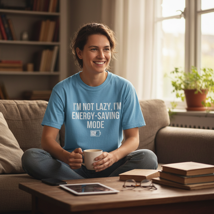 Person wearing funny sarcastic t-shirt in casual setting
