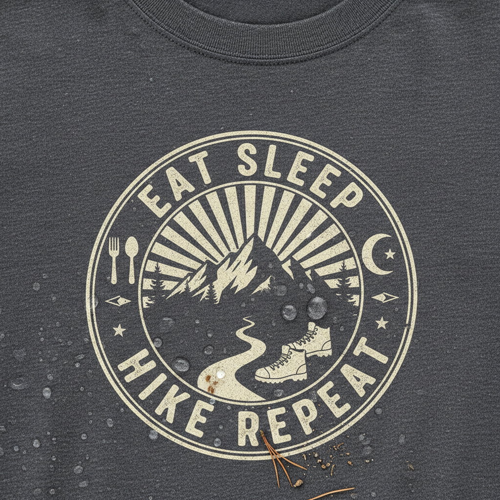 Close-up of eat sleep hike repeat t-shirt showing hiking lifestyle design