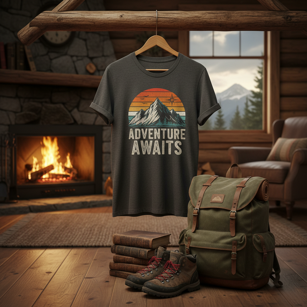 Adventure graphic t-shirt hanging with camping backpack and hiking boots