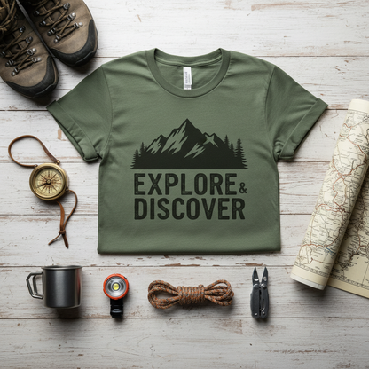 Overhead flat lay of folded adventure t-shirt with compass and camping gear
