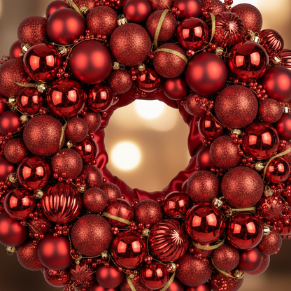 Close-up detail of red luxury ornament wreath showing shimmering ornaments