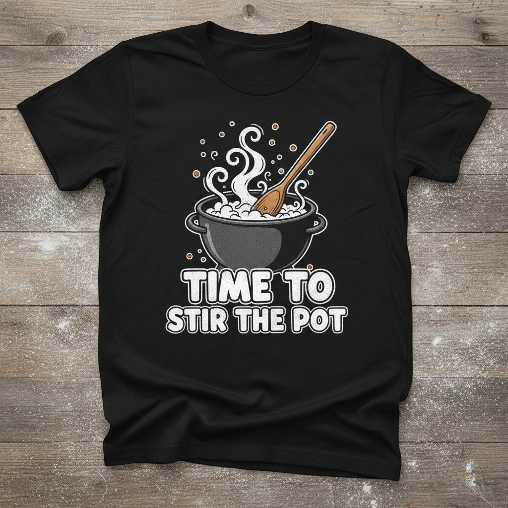 Time to stir the pot graphic t-shirt with cooking pot and spoon design on rustic wood