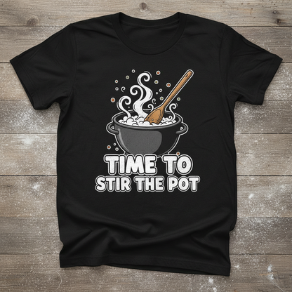 Time to stir the pot graphic t-shirt with cooking pot and spoon design on rustic wood