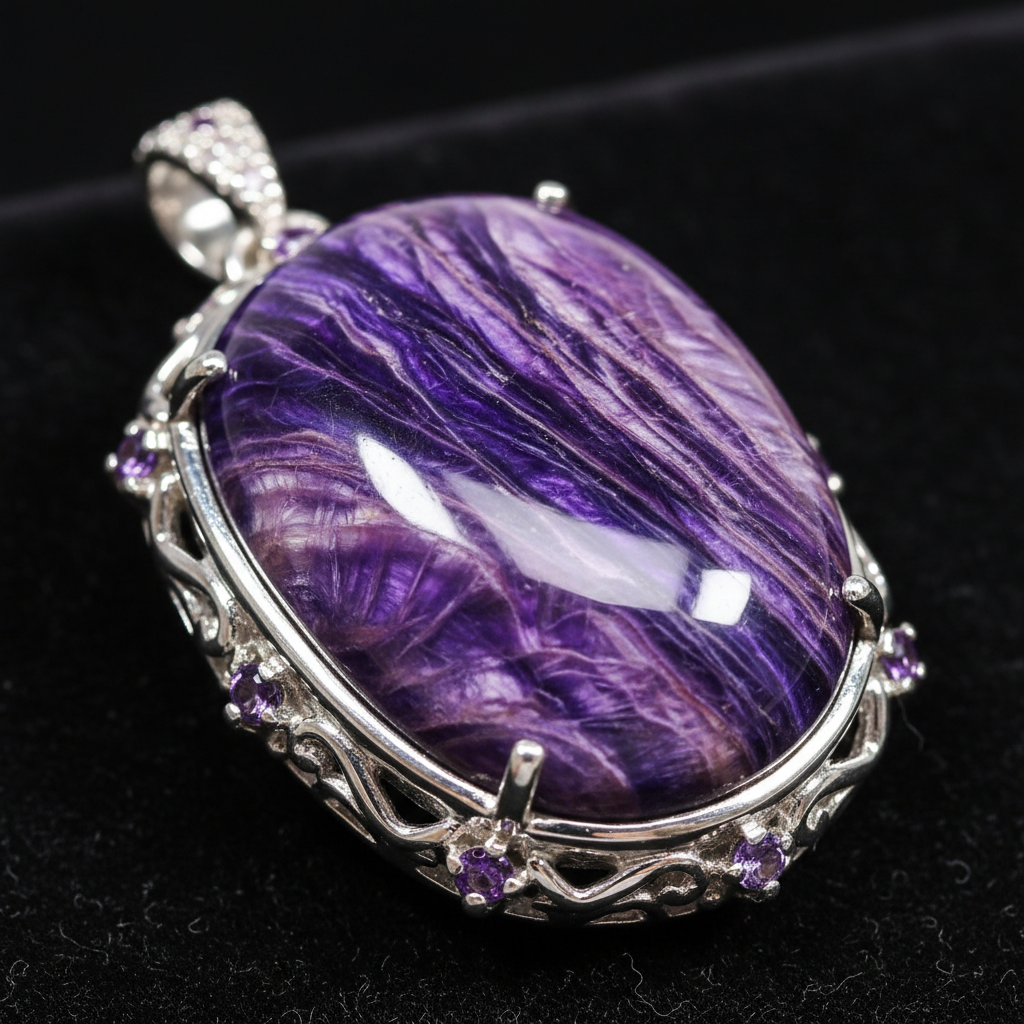 Close-up of natural charoite gemstone showing purple and lavender swirls