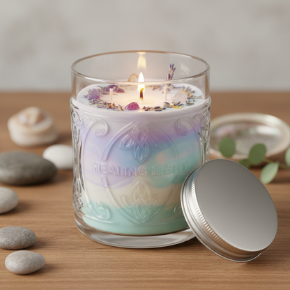 Close-up of tranquil healing aura jar candle showing calming wax colors
