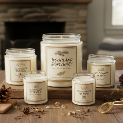 Close-up of homestead candle collection labels showing scent names