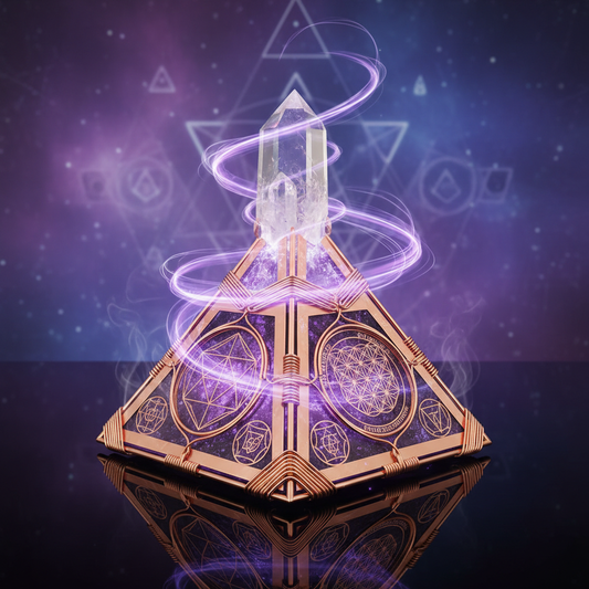 Copper pyramid energy generator with clear quartz crystal at apex
