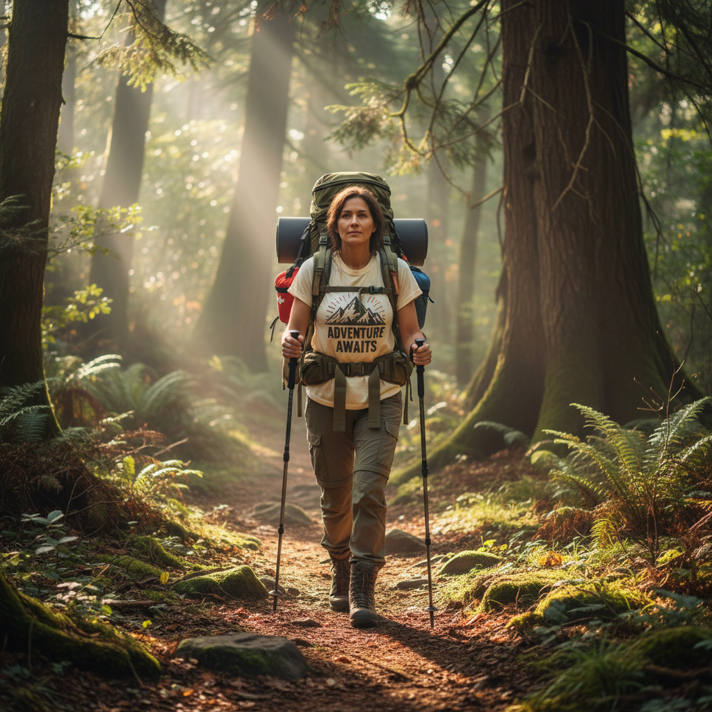 Hiker wearing adventure t-shirt on forest trail with backpack