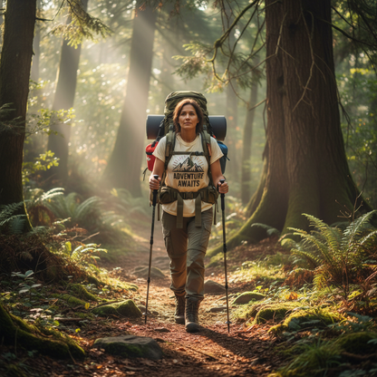 Hiker wearing adventure t-shirt on forest trail with backpack