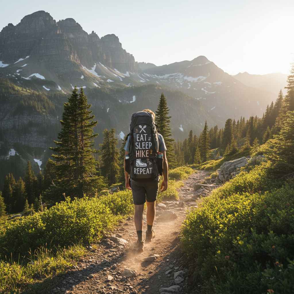 Person wearing eat sleep hike repeat t-shirt on mountain hiking trail