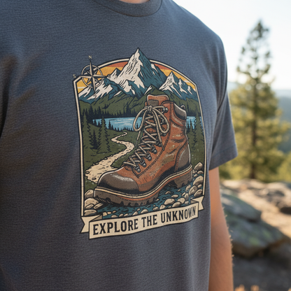 Close-up of adventure hiker t-shirt showing detailed hiking boot and trail design