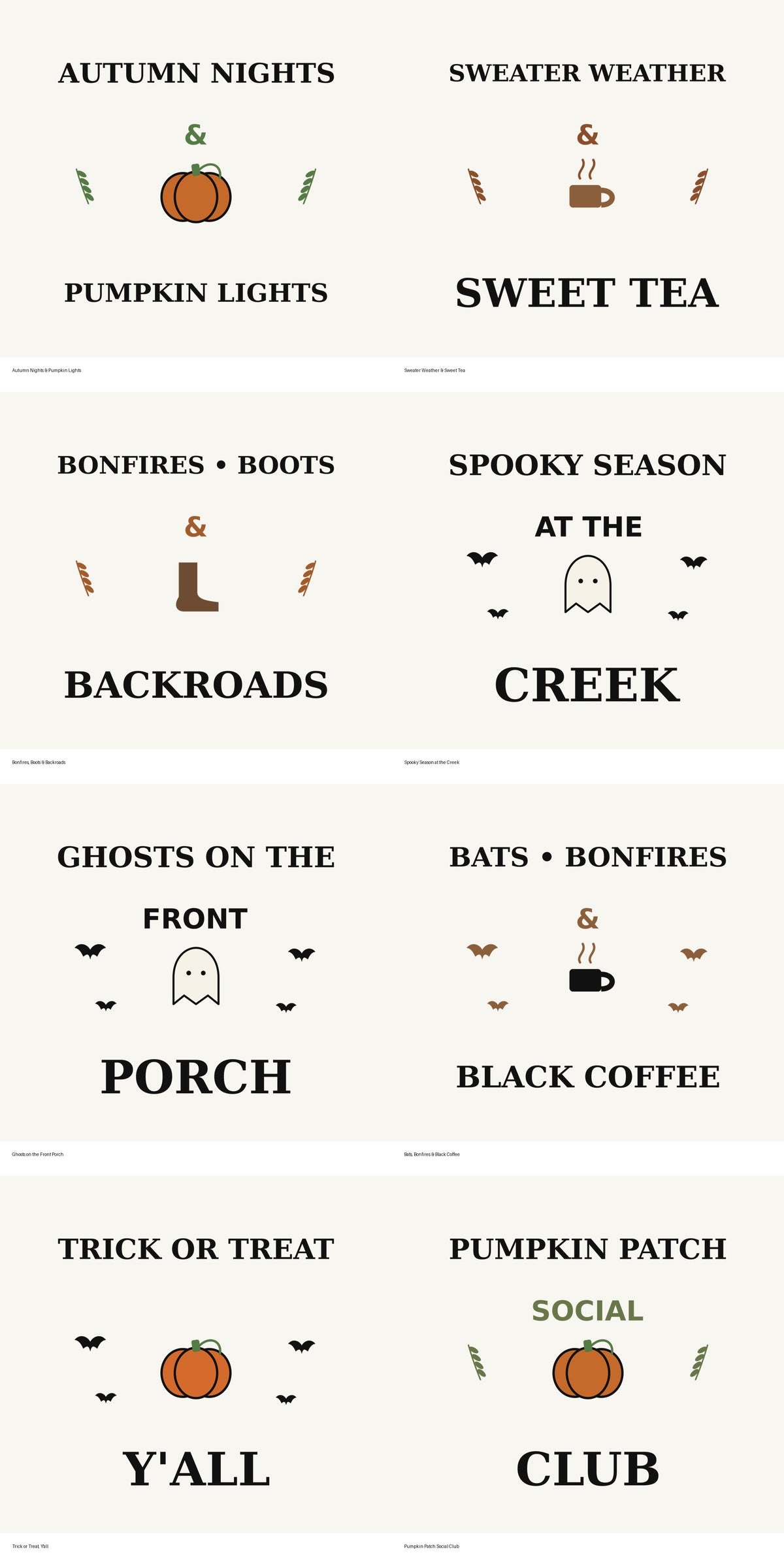 Preview of all eight fall and Halloween designs in the digital SVG and PNG bundle.