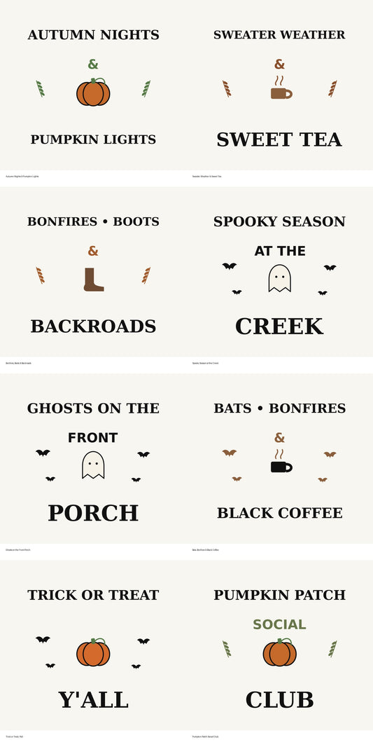 Preview of all eight fall and Halloween designs in the digital SVG and PNG bundle.